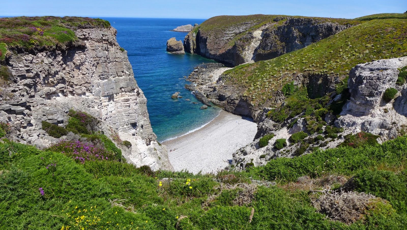 photo de paysage du cap d'erquy, ses falaises, sa lande et une crique de sable fin