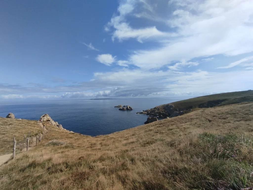 photo prise à la réserve ornithologique du cap sizun sur laquelle on voit la mer d'Iroise, les falaises et des paysages de lande.